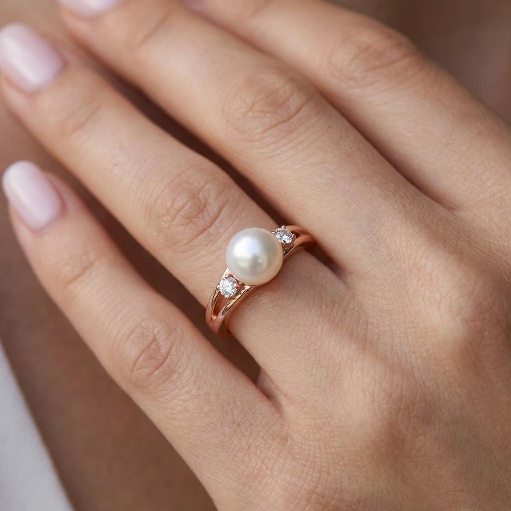 Vintage Akoya Pearl Engagement Rings for Women | 14k Rose Gold Ring Wedding Anniversary Gift | Unique Split Shank Proposal Ring