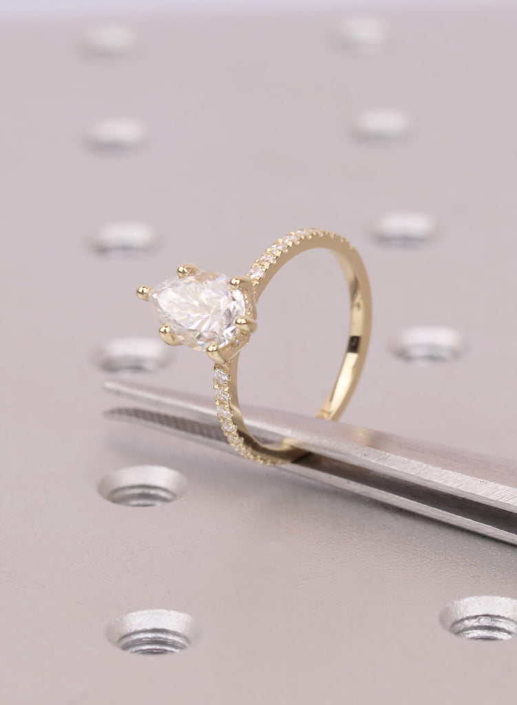 Lab Grown Dimond Gold Rings Women, Pear Cut Diamond Hidden Halo Engagement Ring, 14K 18K Gold image #8