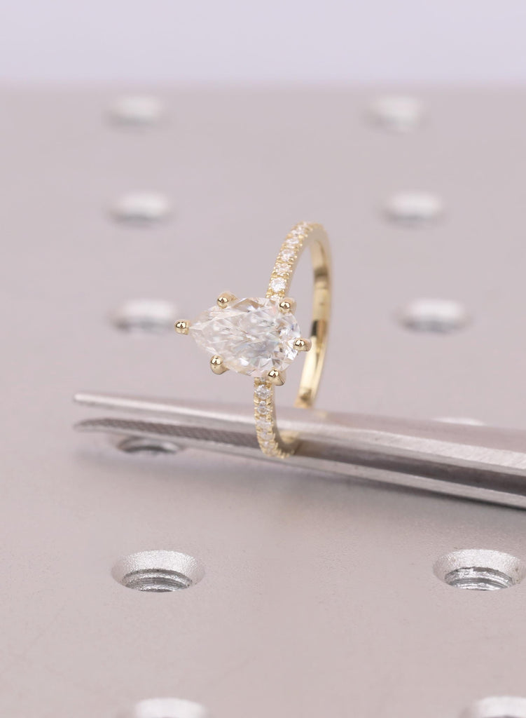 Lab Grown Dimond Gold Rings Women, Pear Cut Diamond Hidden Halo Engagement Ring, 14K 18K Gold image #3