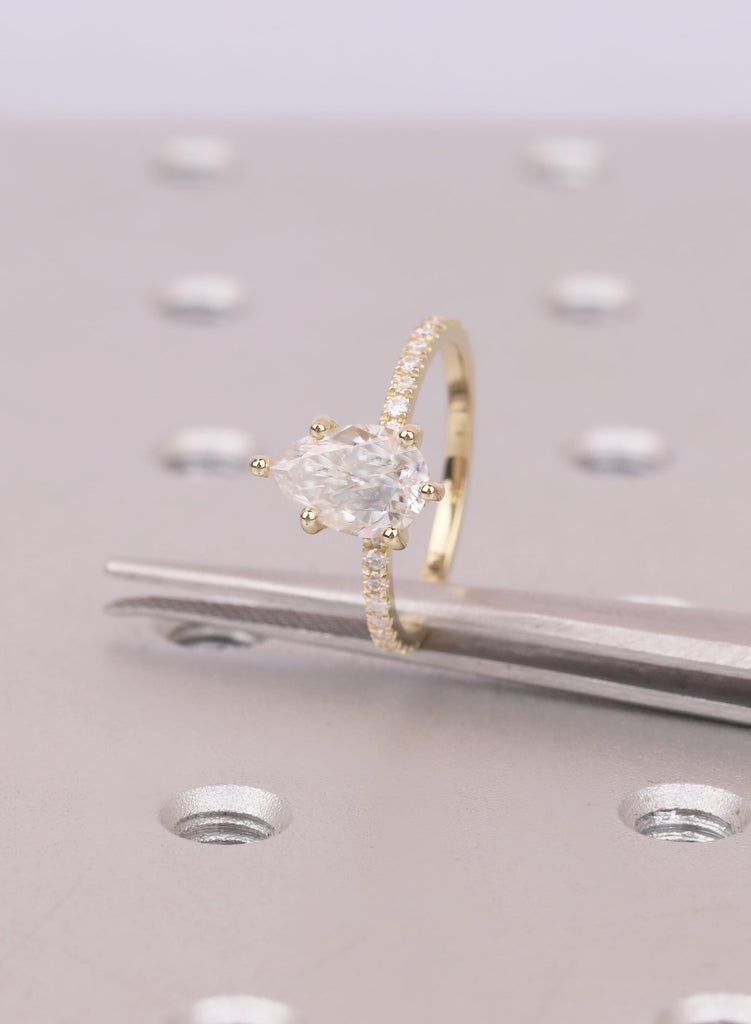 1.5 CT Pear Cut Diamond Engagement Ring, Lab Grown Diamond, 14K Yellow Gold, Hidden Halo Pave Band, Personalized Rings for Women