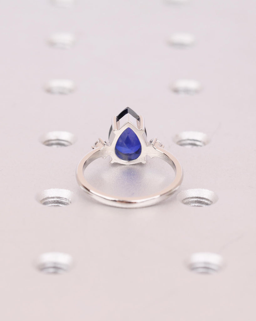 Pear Cut Blue Sapphire Engagement Ring with Diamond Accents, Platinum Three Stone Ring image #7