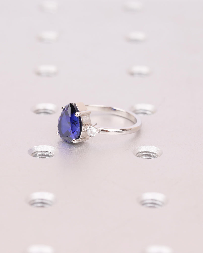 Pear Engagement Ring, Platinum Blue Sapphire Gemstone Ring, Vintage Three Stone Anniversary Rings for Women, September Birthstone Jewelry image #11