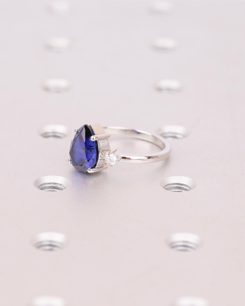 Pear Cut Blue Sapphire Engagement Ring with Diamond Accents, Platinum Three Stone Ring image #11