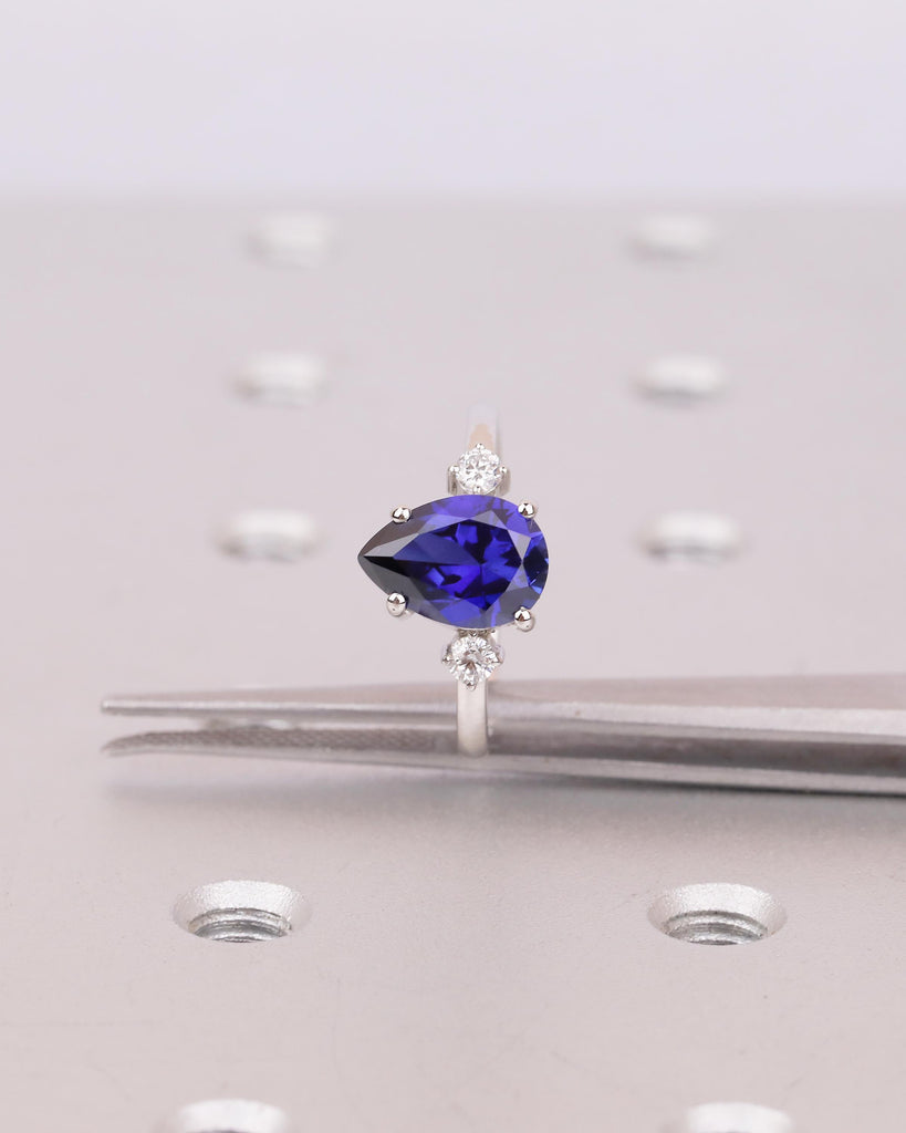 Pear Engagement Ring, Platinum Blue Sapphire Gemstone Ring, Vintage Three Stone Anniversary Rings for Women, September Birthstone Jewelry image #3
