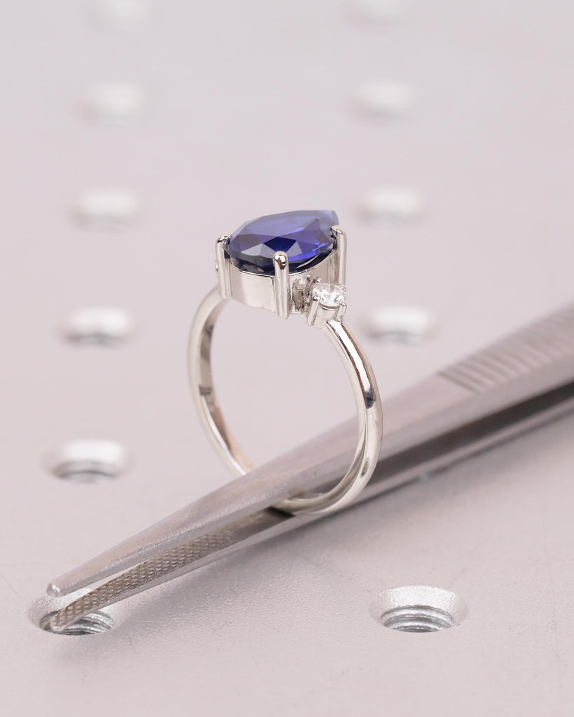 Pear Cut Blue Sapphire Engagement Ring with Diamond Accents, Platinum Three Stone Ring image #5
