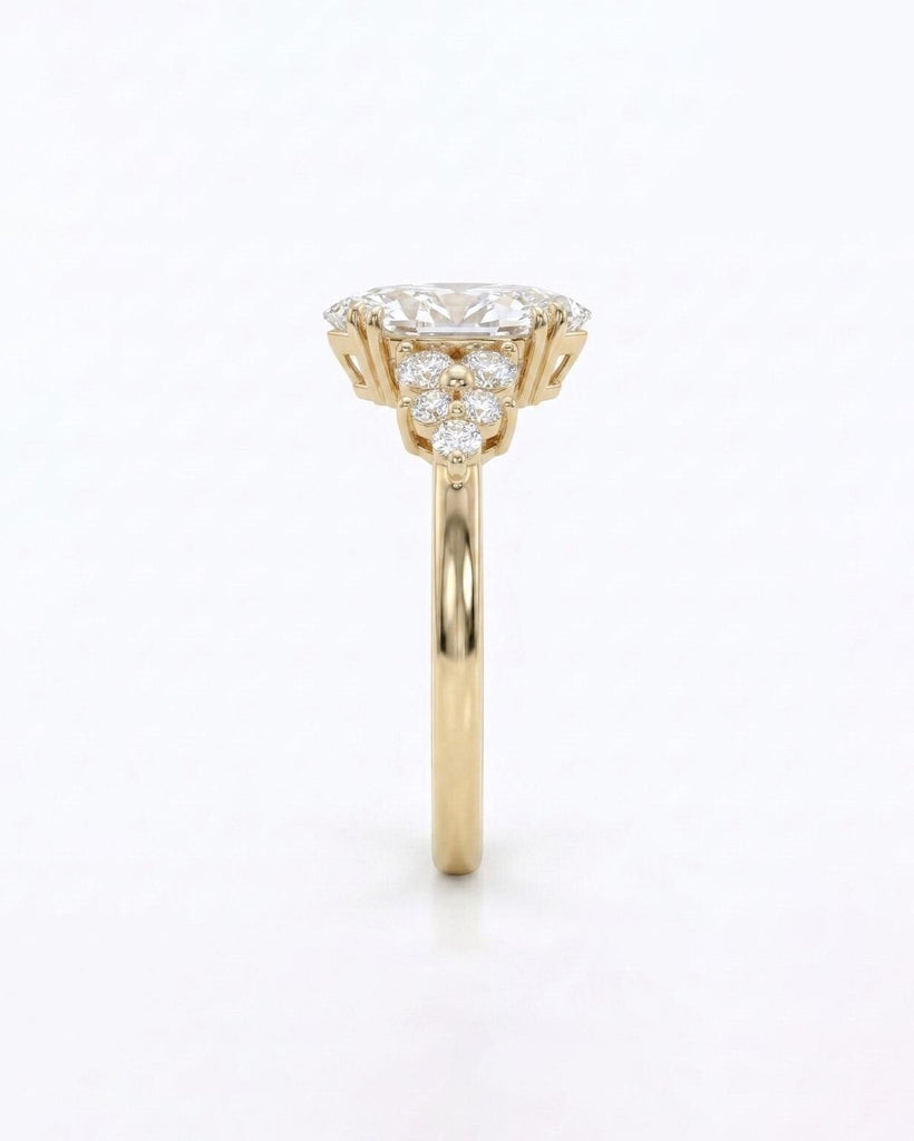Lab Created Diamond Cluster Ring in 14k Gold, Marquise Engagement Ring, Floral Accents image #6
