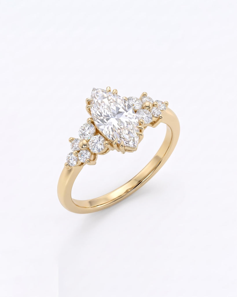 Lab Created Diamond Cluster Ring in 14k Gold, Marquise Engagement Ring, Floral Accents image #3
