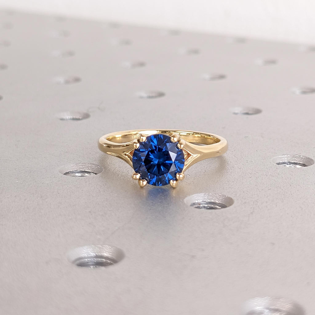 Blue Sapphire Engagement Rings for Women | Round cut Solitaire 14k/18k Gold Bridal Jewelry | Unique Split Shank Ring image #5