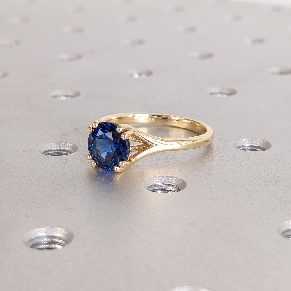 Blue Sapphire Engagement Rings for Women | Round cut Solitaire 14k/18k Gold Bridal Jewelry | Unique Split Shank Ring image #6