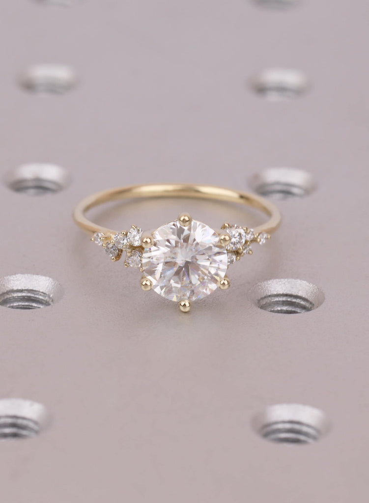 Cluster Engagement Ring, Snowdrift 14K Yellow Gold Art Deco Ring, Round Lab Diamond Ring image #6