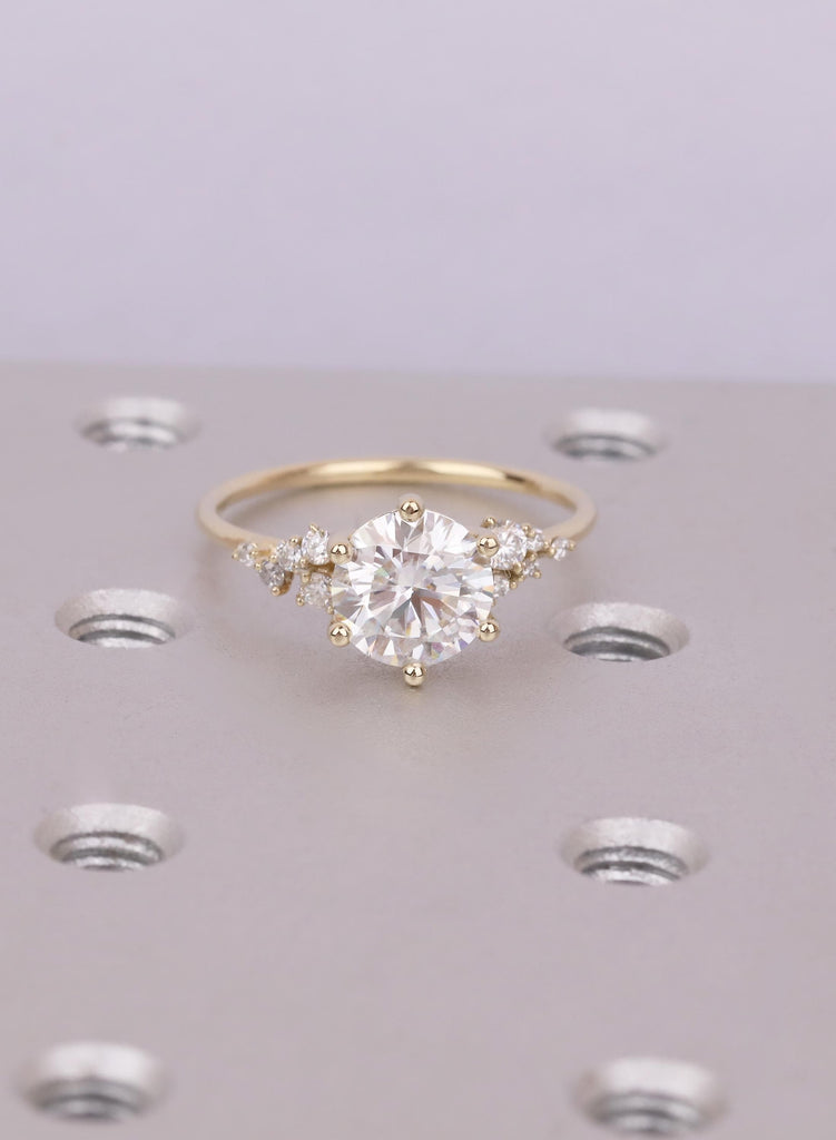 Round Cluster Engagement Ring, Moissanite Cluster Ring, 14k Gold, Dainty Diamond Cluster Ring, Minimalist Bridal Ring image #1