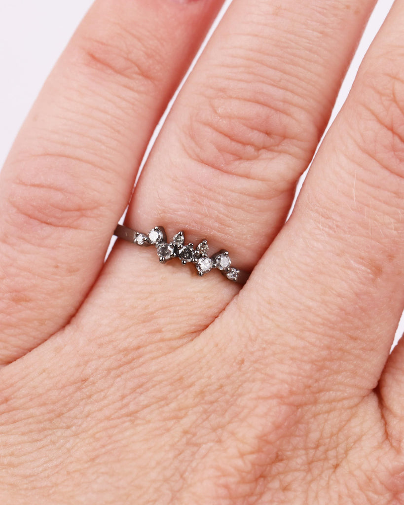 Salt and Pepper Diamond Cluster Ring in 14k Black Gold, Diamond Wedding Band, Multistone Diamond Ring, Stackable Ring, Unique Wedding Band image #2