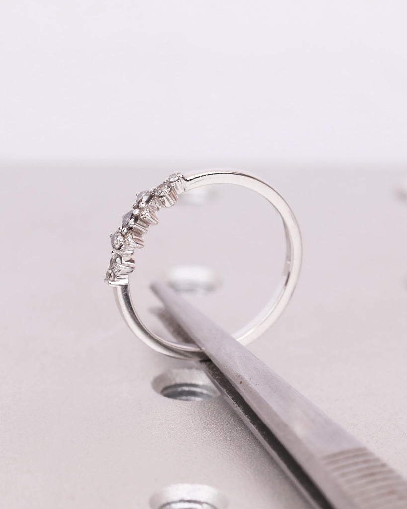 Salt and Pepper Diamond Cluster Ring in 14k White Gold, Diamond Wedding Band, Multistone Diamond Ring, Stackable Ring, Unique Wedding Band image #9
