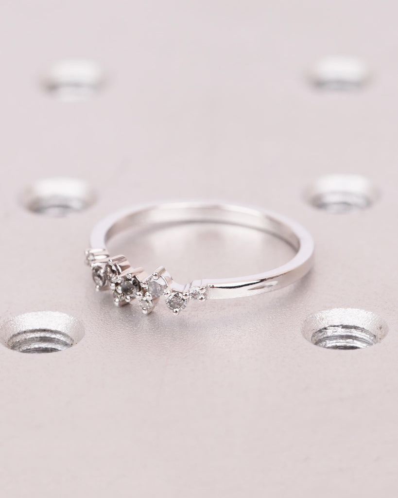 Natural Salt and Pepper Diamond Ring | 9 Stone Cluster Stacking Ring | Dainty 14K White Gold Engagement Ring | Art Deco Women's Wedding Band image #3