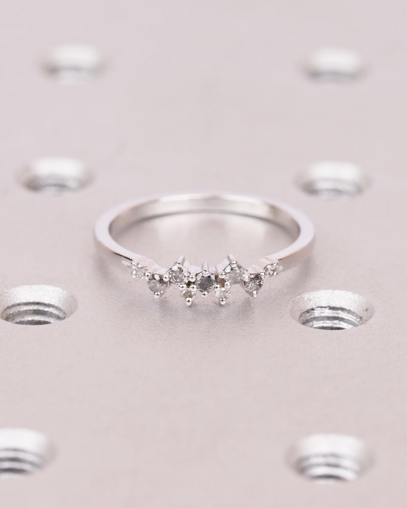 Natural Salt and Pepper Diamond Ring | 9 Stone Cluster Stacking Ring | Dainty 14K White Gold Engagement Ring | Art Deco Women's Wedding Band image #2
