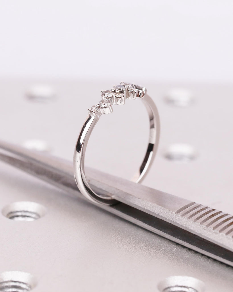 Natural Salt and Pepper Diamond Ring | 9 Stone Cluster Stacking Ring | Dainty 14K White Gold Engagement Ring | Art Deco Women's Wedding Band image #9