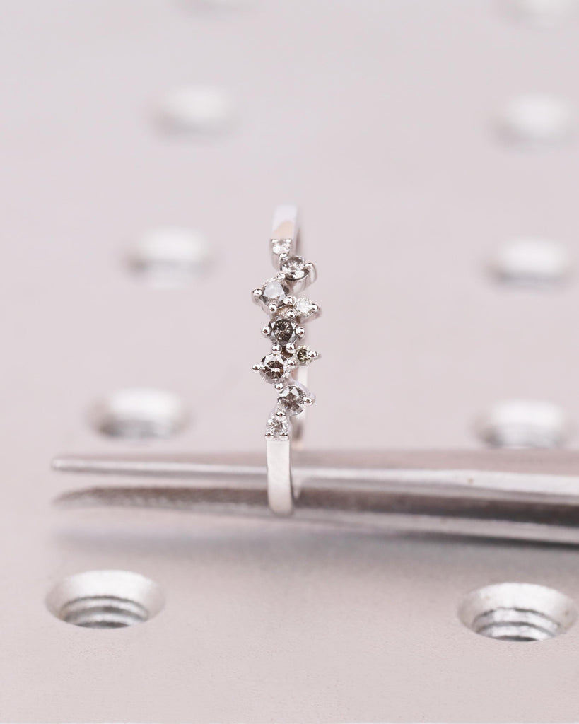Salt and Pepper Diamond Cluster Ring in 14k White Gold, Diamond Wedding Band, Multistone Diamond Ring, Stackable Ring, Unique Wedding Band image #8