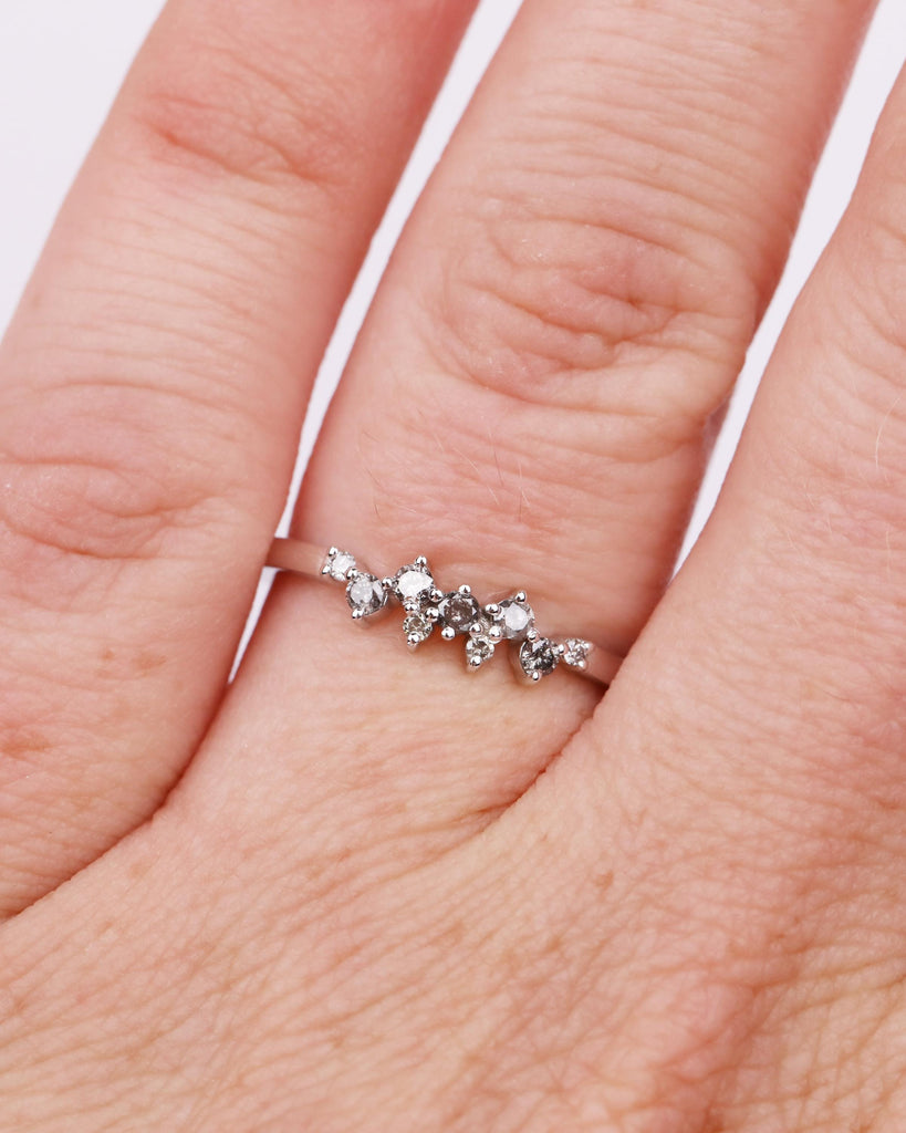 Salt and Pepper Diamond Cluster Ring in 14k White Gold, Diamond Wedding Band, Multistone Diamond Ring, Stackable Ring, Unique Wedding Band image #2