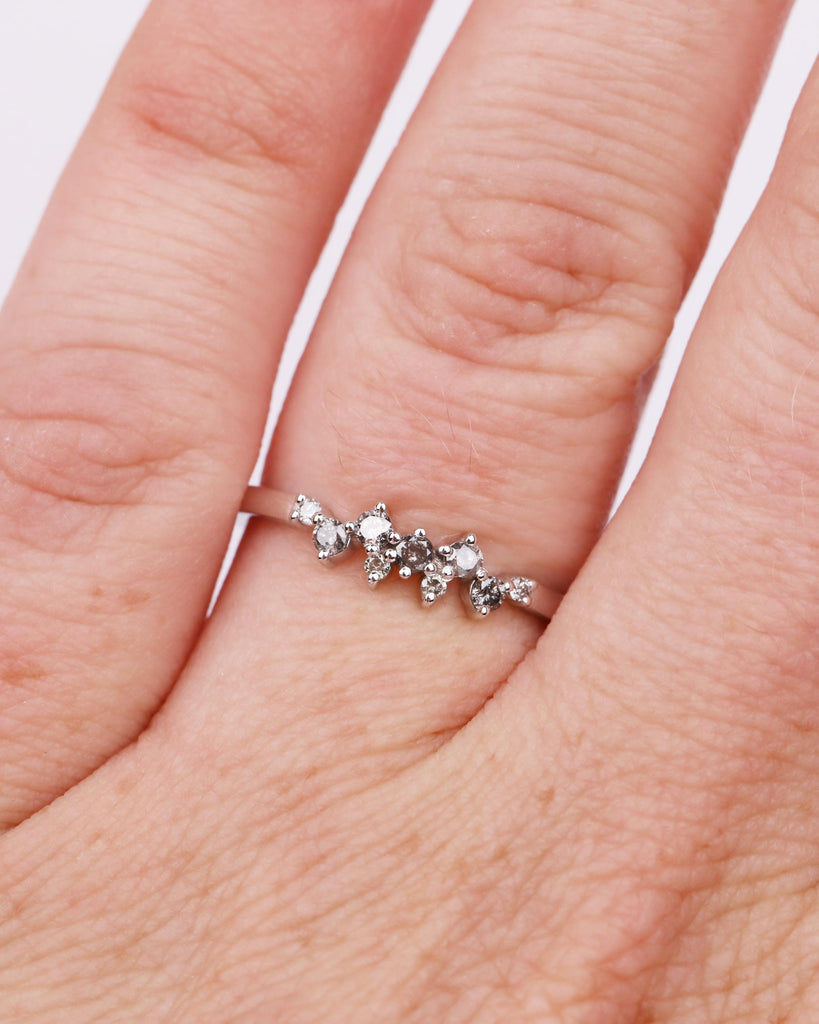 Natural Salt and Pepper Diamond Ring | 9 Stone Cluster Stacking Ring | Dainty 14K White Gold Engagement Ring | Art Deco Women's Wedding Band image #1