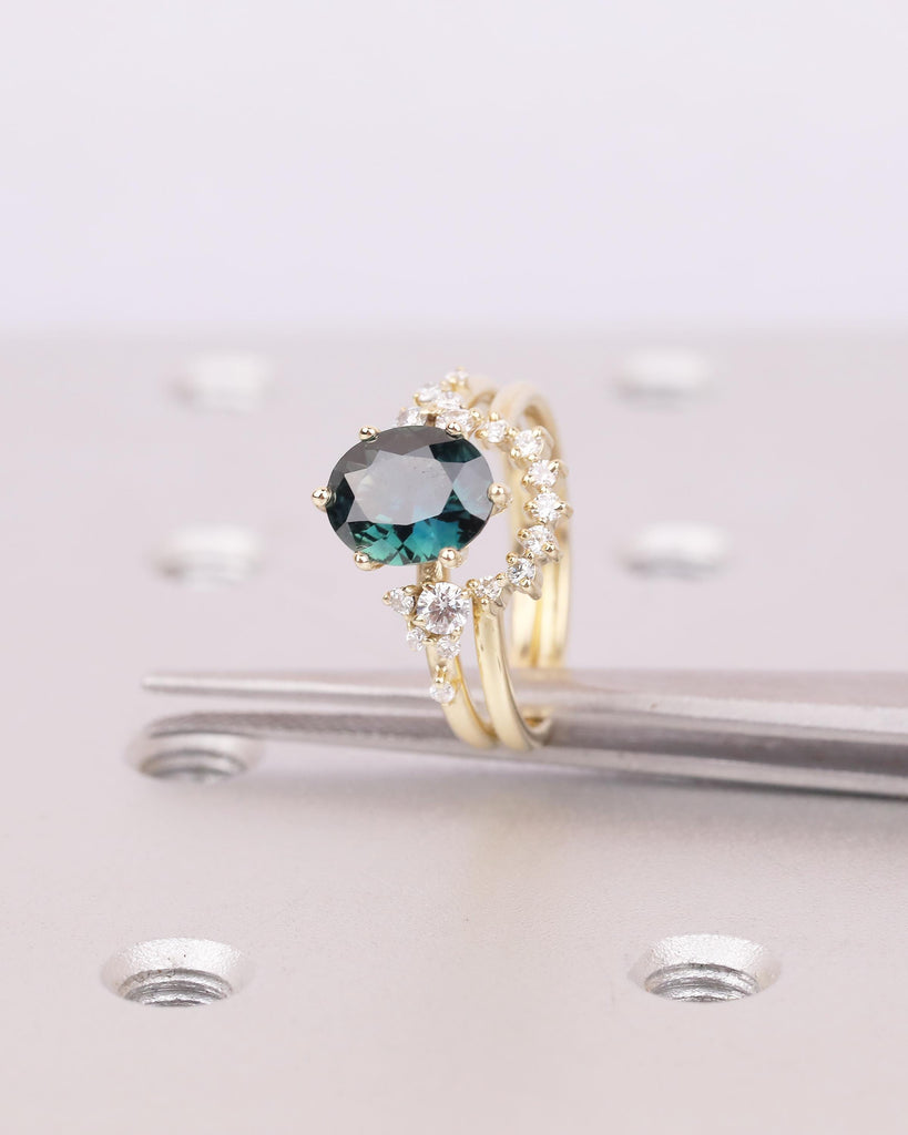 Vintage Oval Teal Sapphire Wedding Anniversary Ring, 14k Gold Engagement Ring Set, Snowdrift Moissanite Stacking Rings, September Birthstone image #3