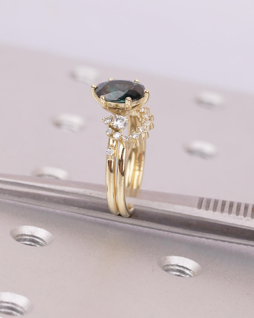 Vintage Oval Teal Sapphire Wedding Anniversary Ring, 14k Gold Engagement Ring Set, Snowdrift Moissanite Stacking Rings, September Birthstone image #5