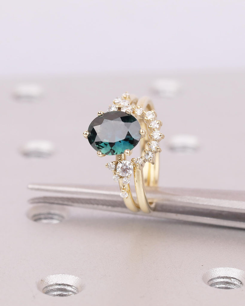 Vintage Oval Teal Sapphire Wedding Anniversary Ring, 14k Gold Engagement Ring Set, Snowdrift Moissanite Stacking Rings, September Birthstone image #15