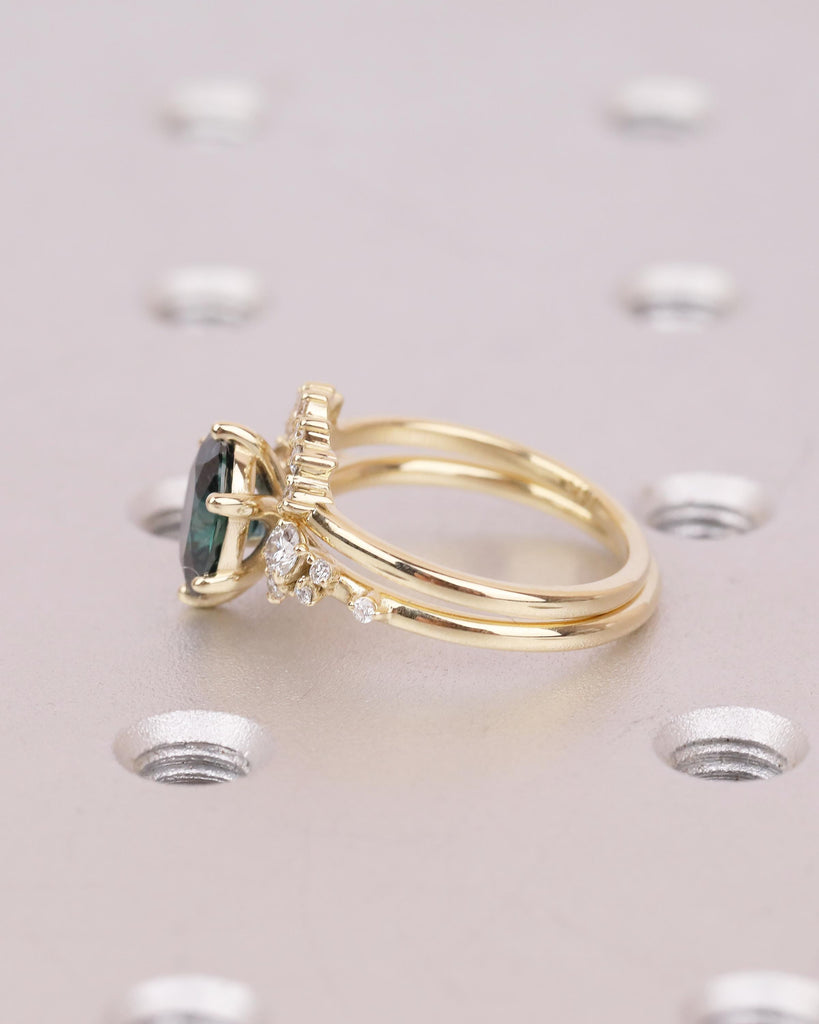 Vintage Oval Teal Sapphire Wedding Anniversary Ring, 14k Gold Engagement Ring Set, Snowdrift Moissanite Stacking Rings, September Birthstone image #9
