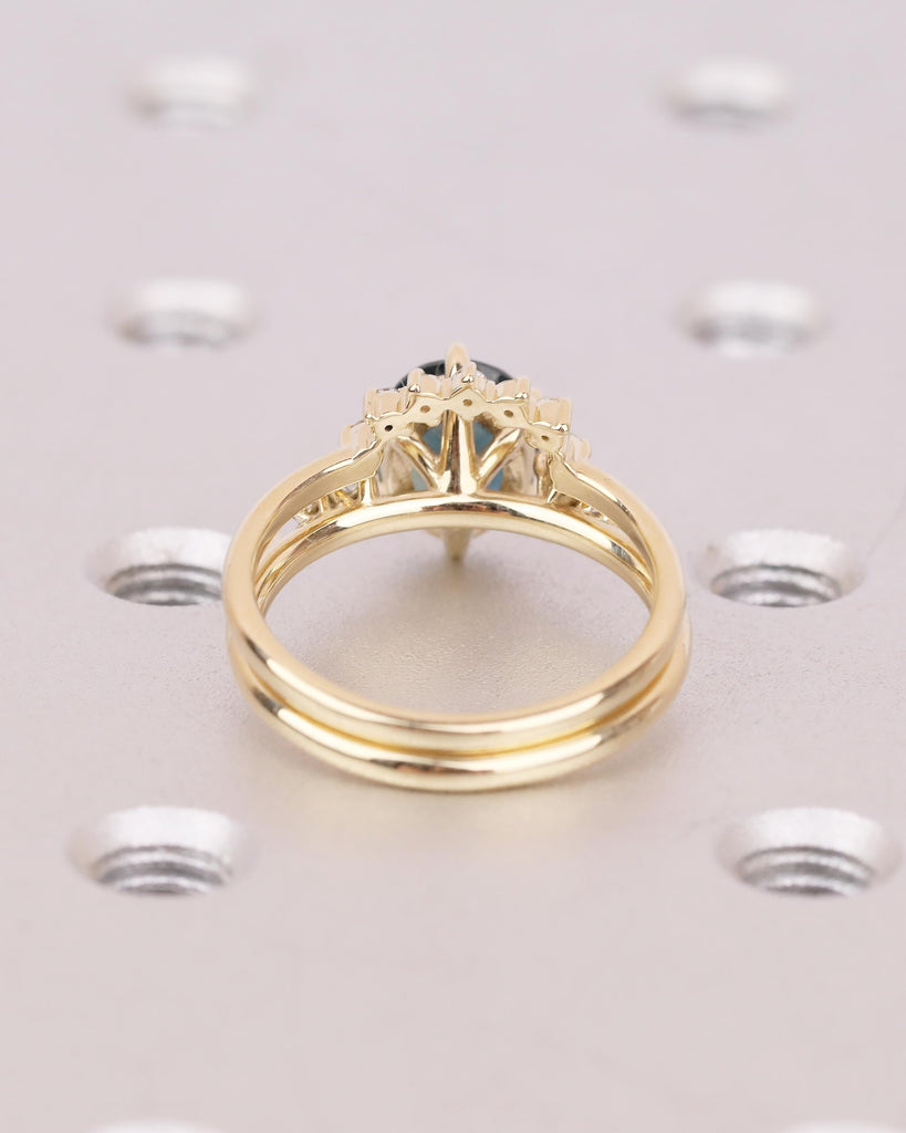 Oval Teal Sapphire Engagement Ring, Diamond Cluster Stackable Rings for Women, Art Deco 14k Yellow Gold Promise Ring Set, Bridal Jewelry image #7