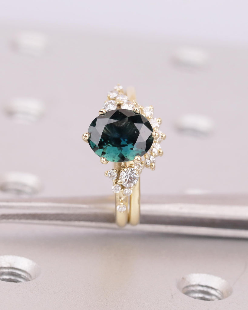 Oval Teal Sapphire Engagement Ring, Diamond Cluster Stackable Rings for Women, Art Deco 14k Yellow Gold Promise Ring Set, Bridal Jewelry image #11
