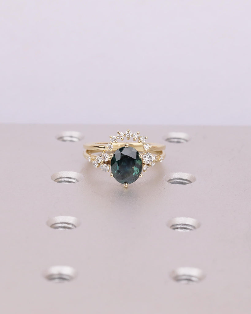 Oval Teal Sapphire Engagement Ring, Diamond Cluster Stackable Rings for Women, Art Deco 14k Yellow Gold Promise Ring Set, Bridal Jewelry image #18