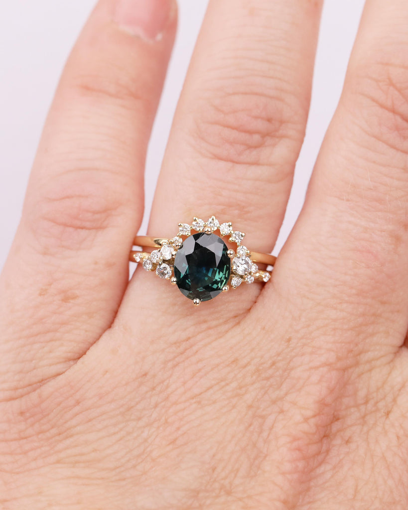 Blue Green Sapphire Ring, Oval Engagement Ring Set in 14k Solid Gold, Birthstone Jewelry image #10