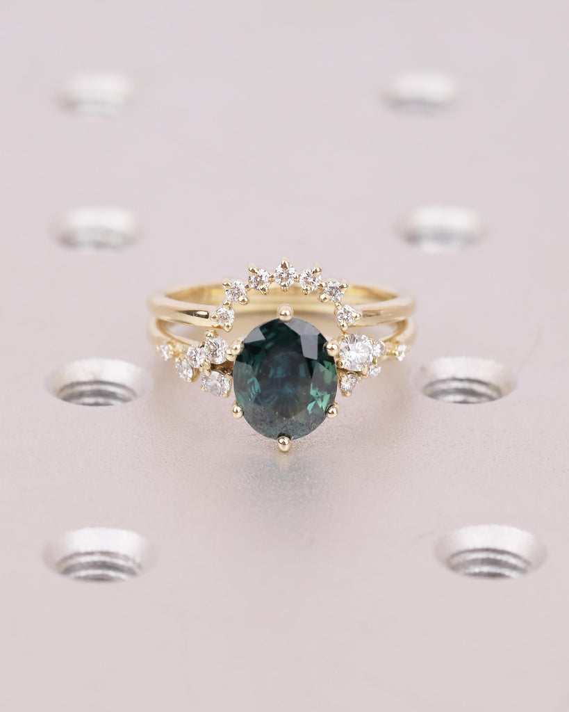 Vintage Oval Teal Sapphire Wedding Anniversary Ring, 14k Gold Engagement Ring Set, Snowdrift Moissanite Stacking Rings, September Birthstone image #17