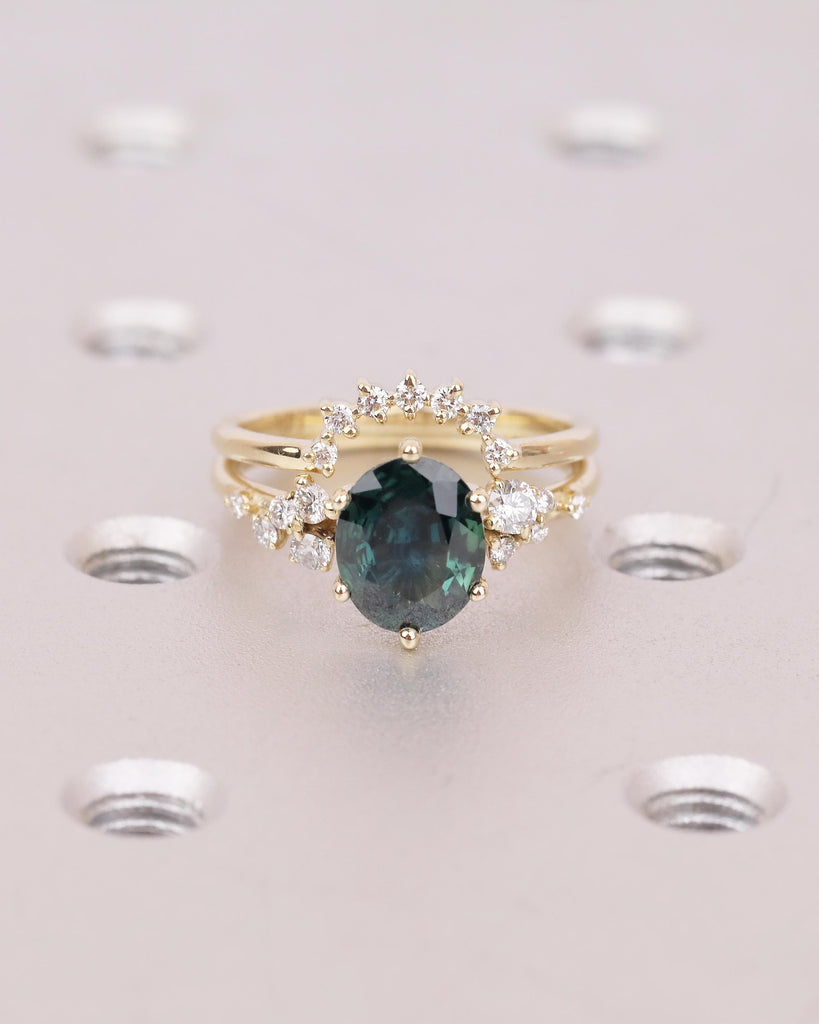 1.5ct Oval Peacock Sapphire Engagement Ring Set in 14k Gold, Moissanite Side Stones image #17