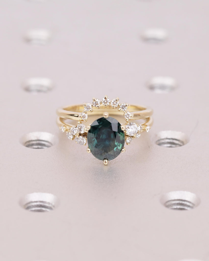 Vintage Oval Teal Sapphire Wedding Anniversary Ring, 14k Gold Engagement Ring Set, Snowdrift Moissanite Stacking Rings, September Birthstone image #8