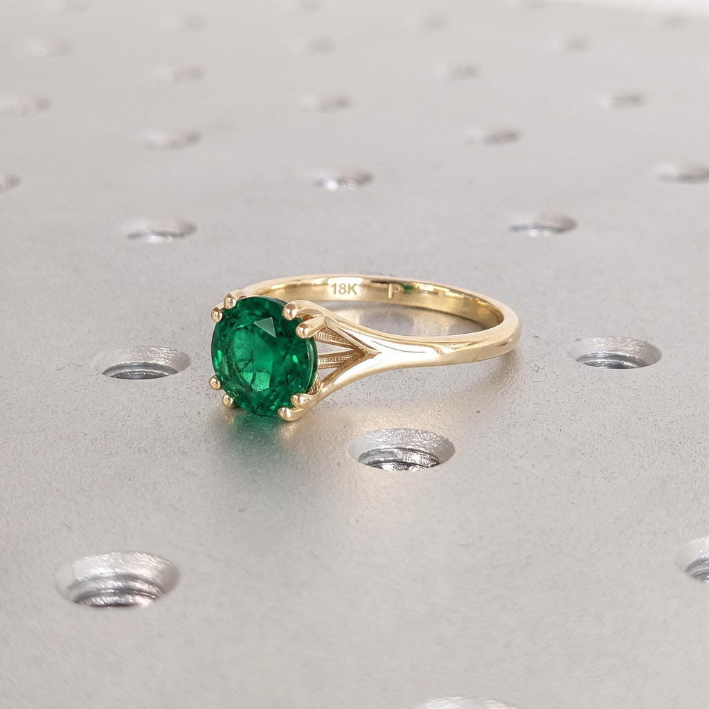 Green Emerald Engagement Ring | Round Solitaire 18k Yellow Gold Rings for Women | May Birthstone Wedding Anniversary Gift image #3