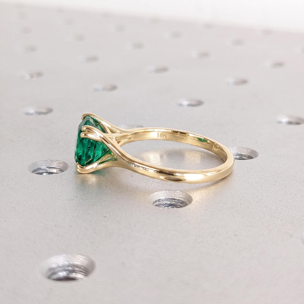 Green Emerald Engagement Ring | Round Solitaire 18k Yellow Gold Rings for Women | May Birthstone Wedding Anniversary Gift image #5