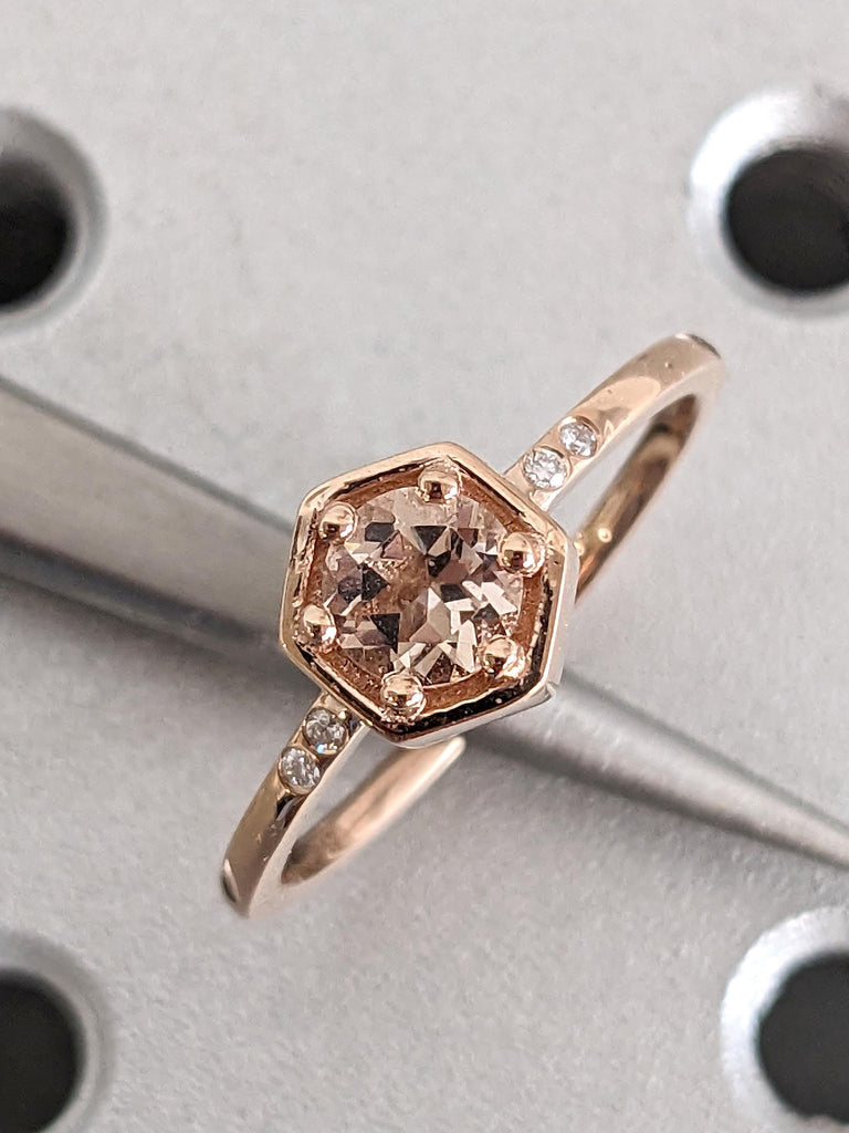 Round Morganite Unique Engagement Rings for Women | 14k Rose Gold Bezel Ring | Dainty Pink Gemstone Bridal Jewelry image #1