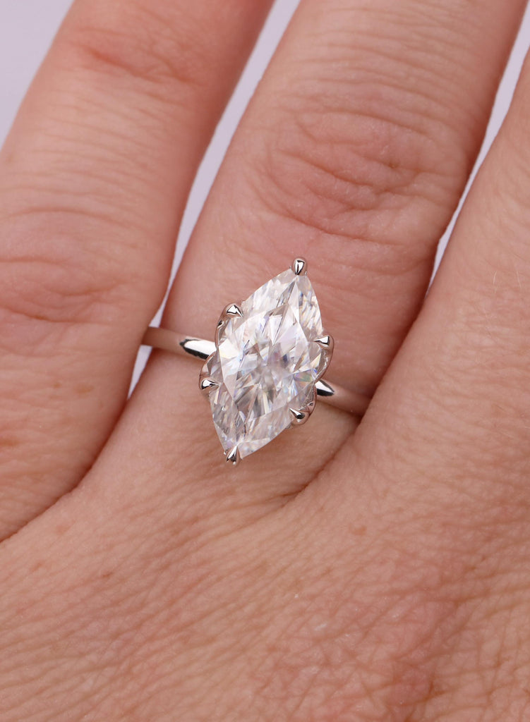 2.5 Carat Lab Diamond Engagement Ring, Marquise Cut, 14K White Gold, Tulip Basket Talon Prong Setting, Nature Inspired Ring, Women's Ring image #3