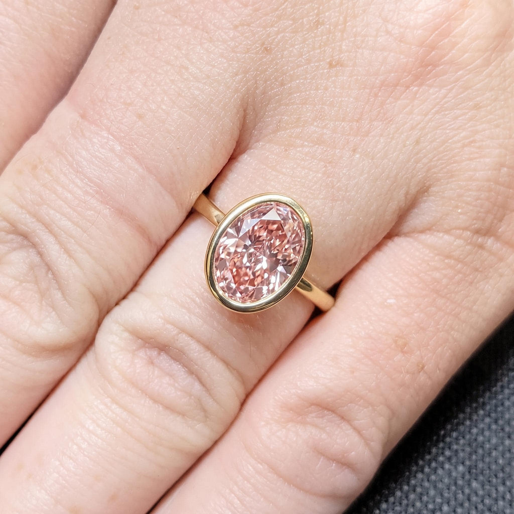 Pink Diamond Engagement Rings for Women | Bezel set Oval Lab Made Diamond Rings | Solid Gold or Platinum Bridal Jewelry image #2