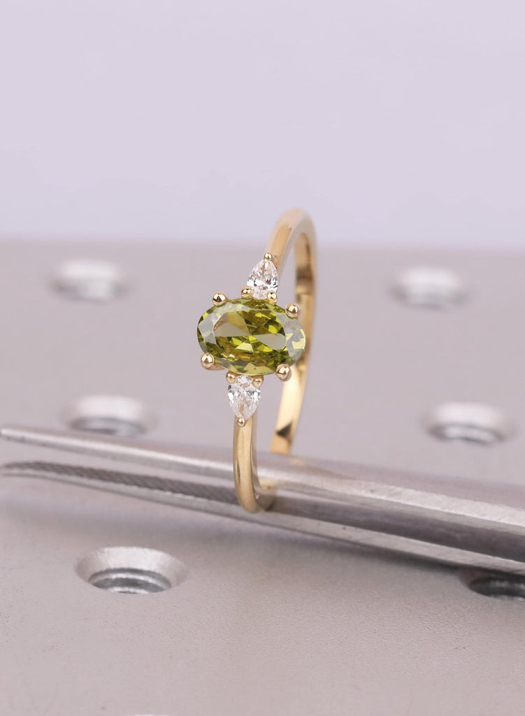 Oval Green Sapphire Engagement Ring, Vintage 14K 18k Gold Pear Shaped Moissanite Diamond Ring, Bridal Ring Women, Anniversary Gift for Her