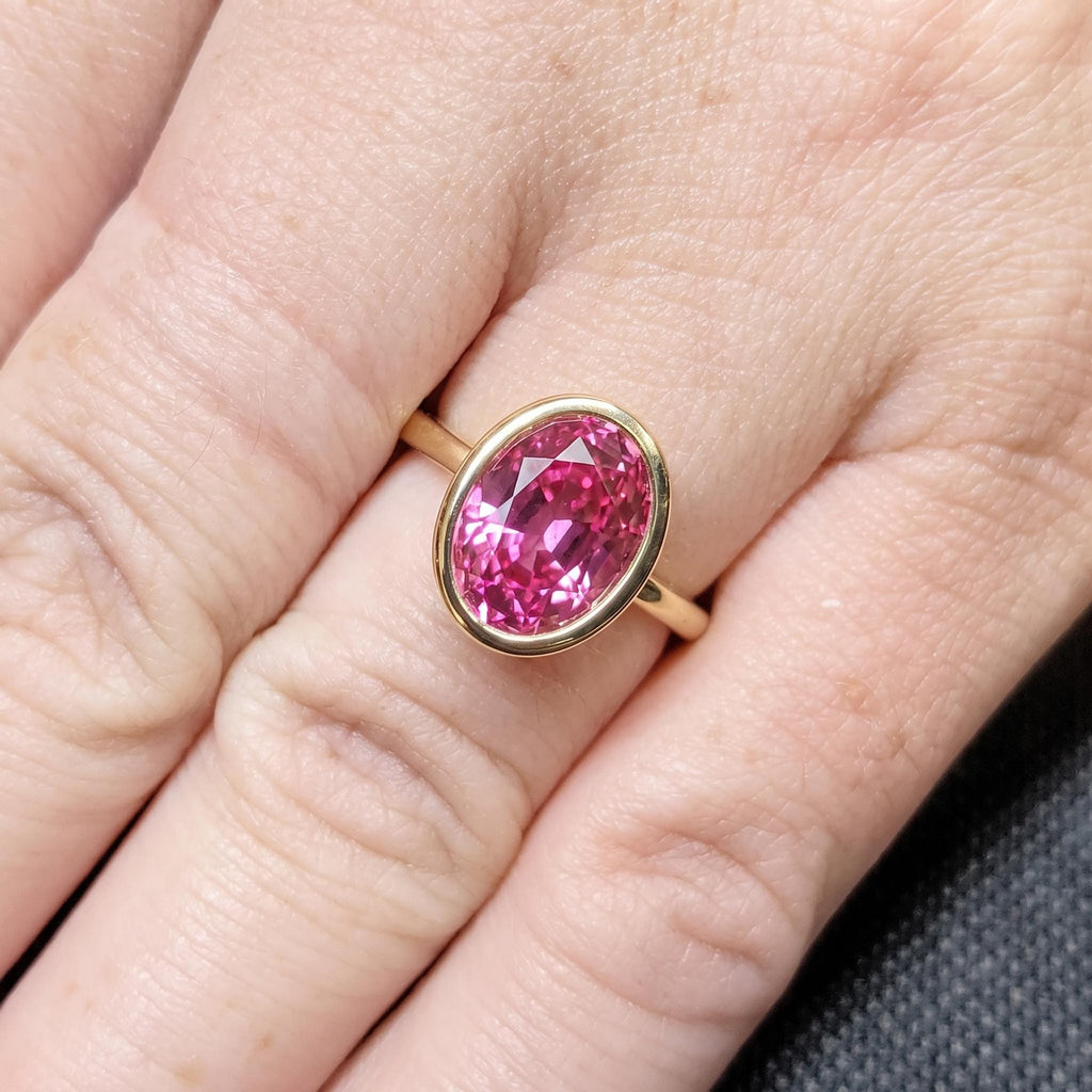 Pink Sapphire Solitaire Engagement Ring | 14k Yellow Gold Oval cut Lab Sapphire Ring | Minimalist Wedding Anniversary Ring For Women image #2