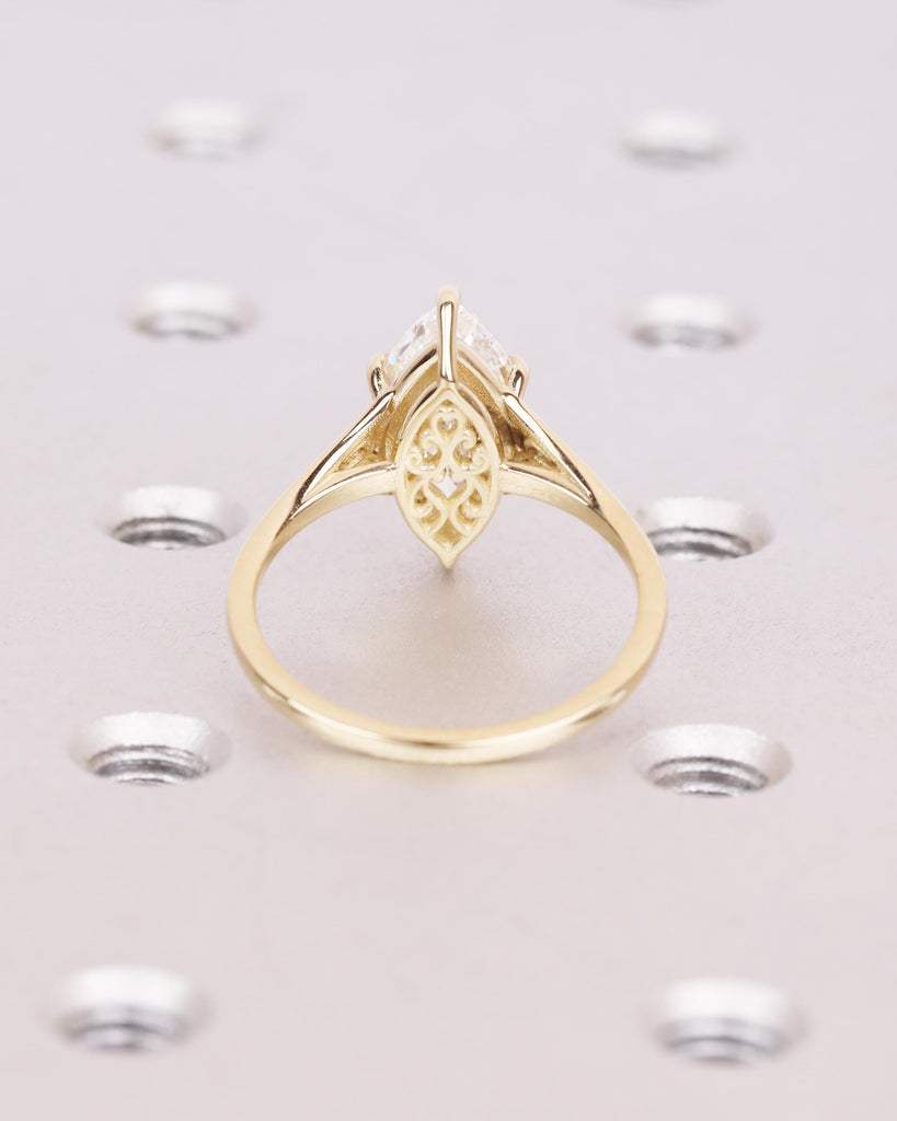 Victorian Style Marquise Cut Moissanite Ring, Antique Filigree Engraved Band, 14K Yellow Gold Heirloom Engagement Ring, Unique Marquise Ring image #5