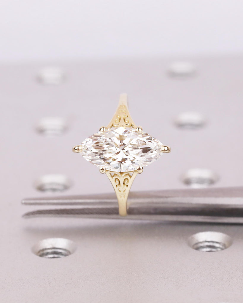 Victorian Style Marquise Cut Moissanite Ring, Antique Filigree Engraved Band, 14K Yellow Gold Heirloom Engagement Ring, Unique Marquise Ring image #6
