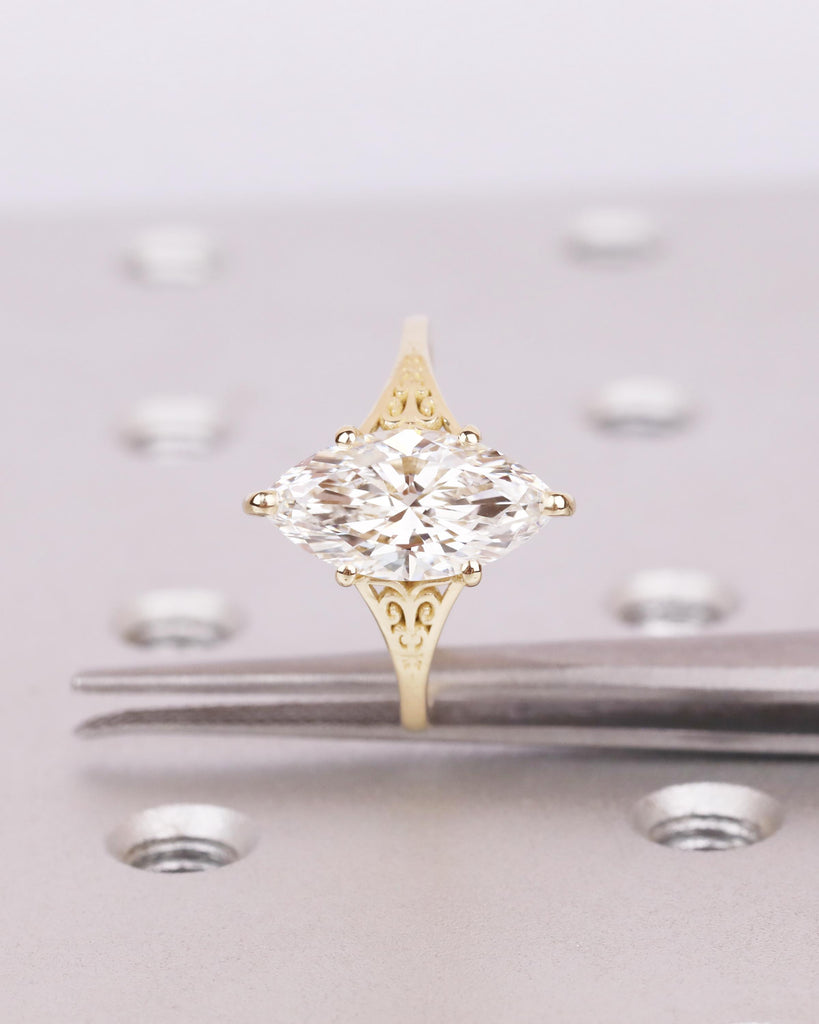 Marquise Moissanite Vintage Engagement Ring, Solid Gold Engraved Floral Filigree Band Ring, Antique Promise Ring image #6