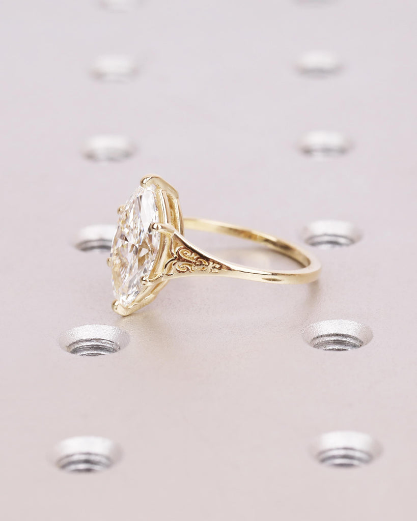Victorian Style Marquise Cut Moissanite Ring, Antique Filigree Engraved Band, 14K Yellow Gold Heirloom Engagement Ring, Unique Marquise Ring image #4