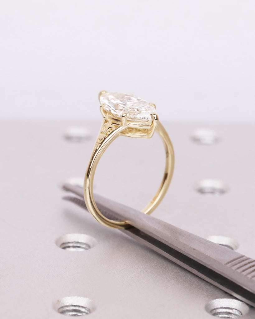 Victorian Style Marquise Cut Moissanite Ring, Antique Filigree Engraved Band, 14K Yellow Gold Heirloom Engagement Ring, Unique Marquise Ring image #10