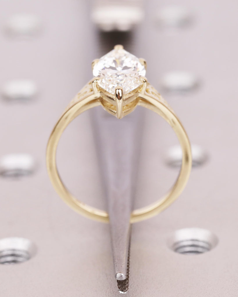 Victorian Style Marquise Cut Moissanite Ring, Antique Filigree Engraved Band, 14K Yellow Gold Heirloom Engagement Ring, Unique Marquise Ring image #8