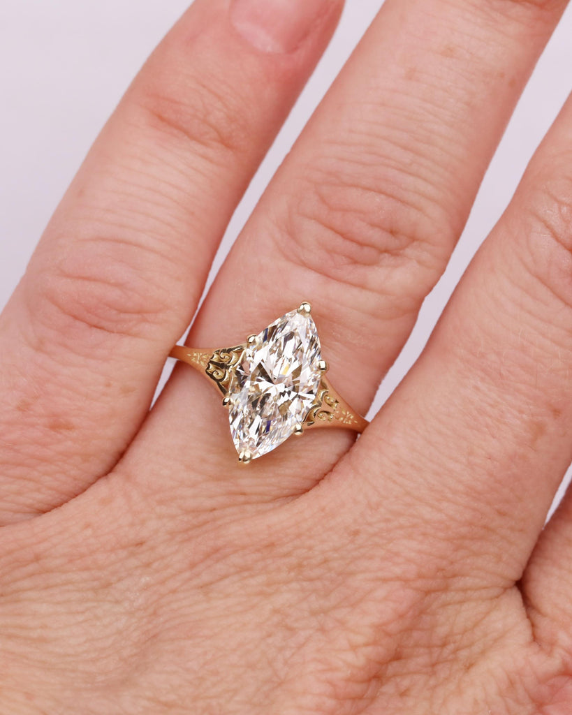 Victorian Style Marquise Cut Moissanite Ring, Antique Filigree Engraved Band, 14K Yellow Gold Heirloom Engagement Ring, Unique Marquise Ring image #2