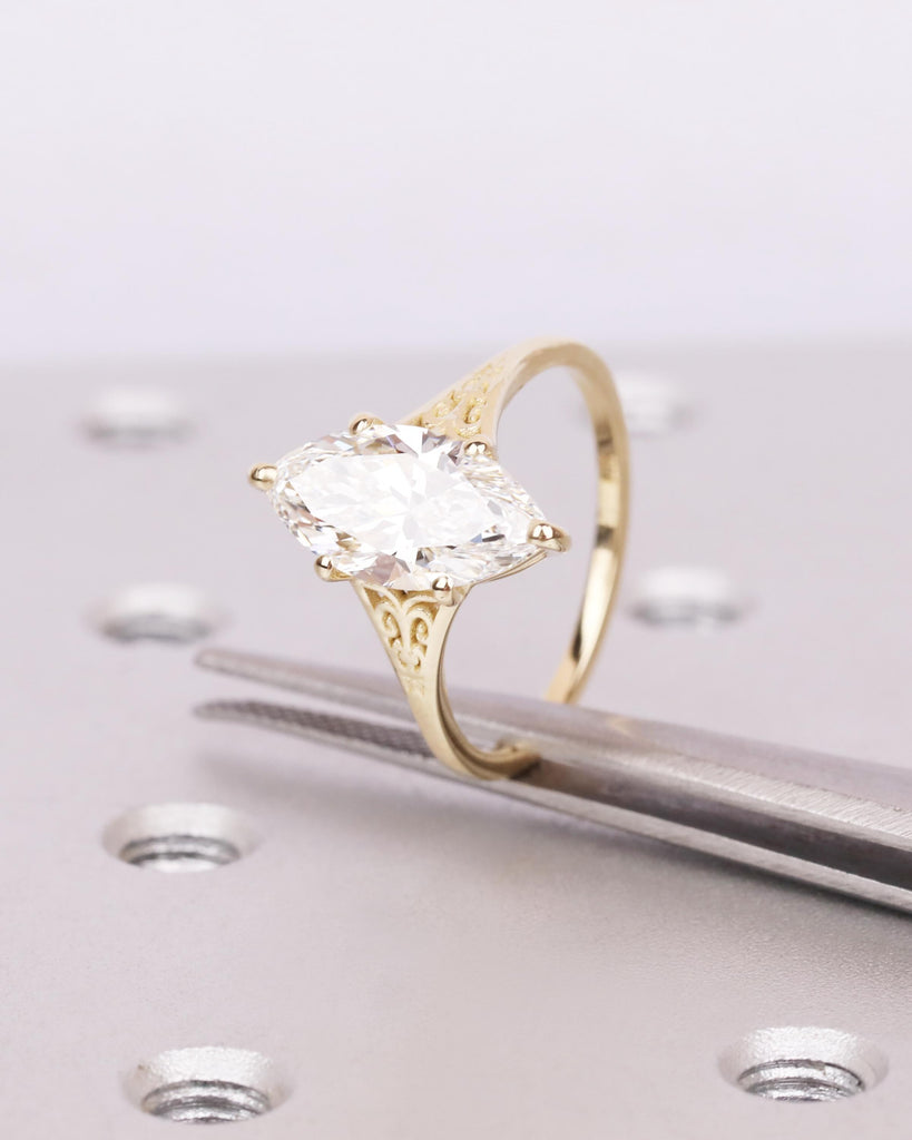 Victorian Style Marquise Cut Moissanite Ring, Antique Filigree Engraved Band, 14K Yellow Gold Heirloom Engagement Ring, Unique Marquise Ring