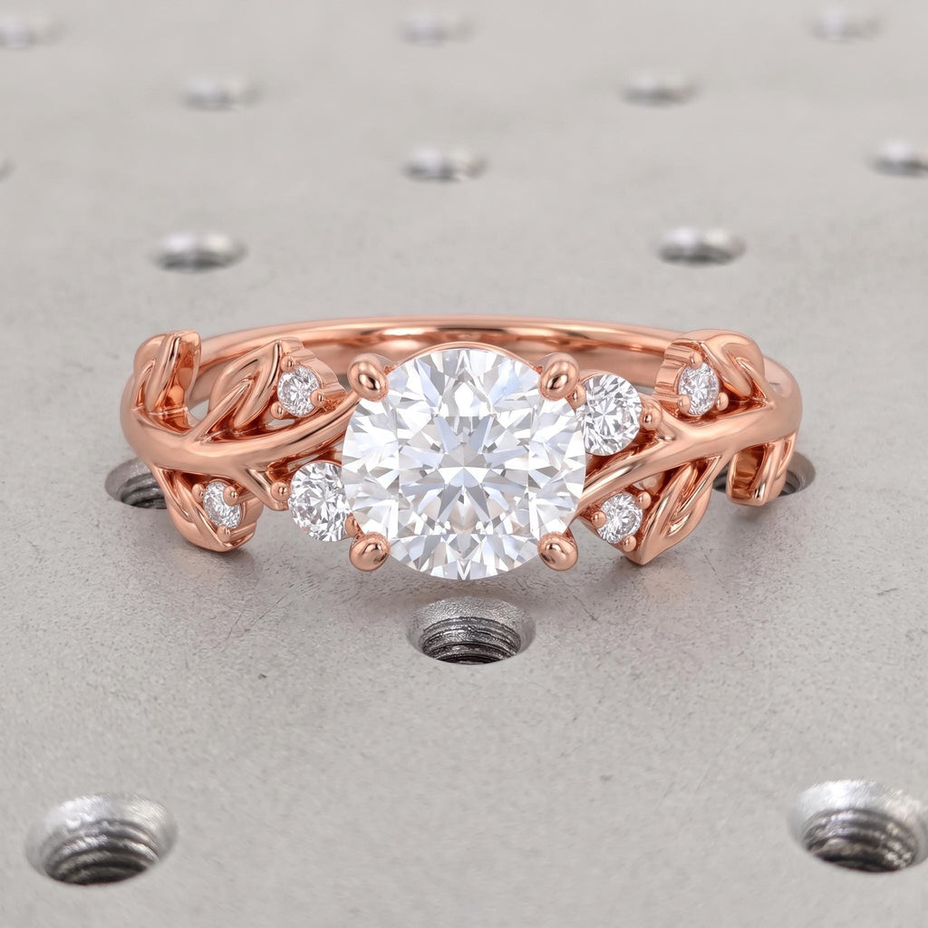 14k Rose Gold Round Lab Grown Diamond Engagement Ring, Vintage Leaf Ring image #3